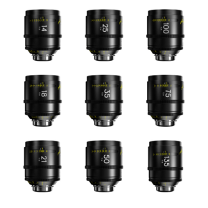 Collection of DZO Arles camera lenses arranged neatly